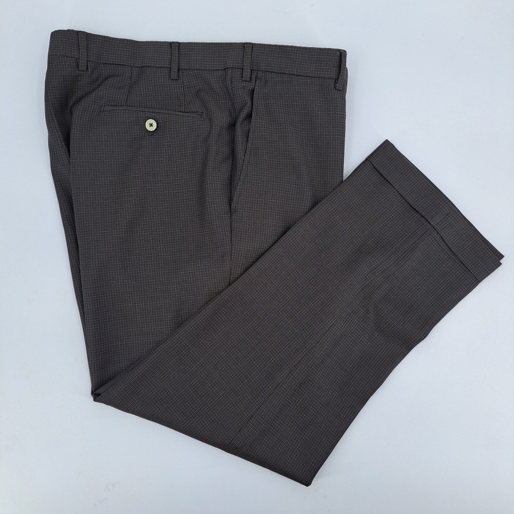 Santorelli Romeo Dress Pants Mens 38 Virgin Wool Brown Micro-Check Italy Cuffed